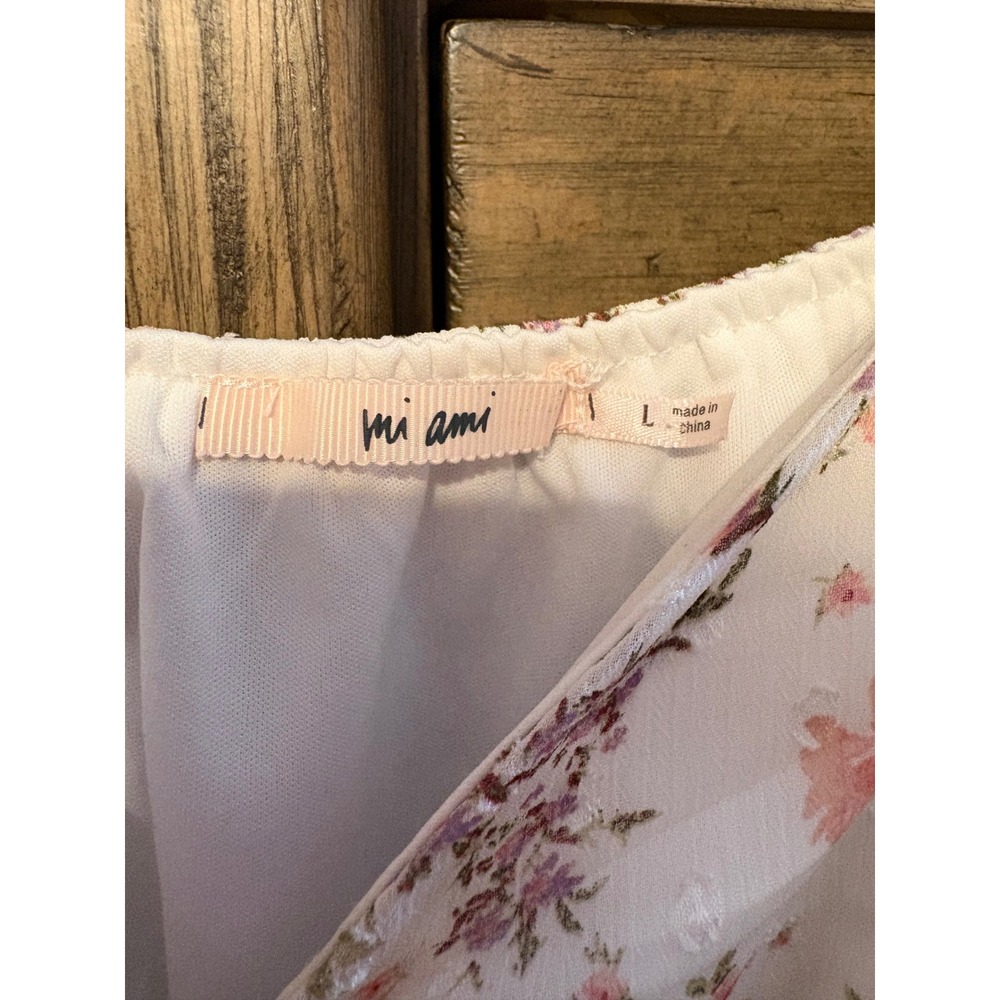 Mi Ami Floral Clip Dot Mini Dress Cream Pink Long Sleeve Empire Waist Large - Picture 3 of 5